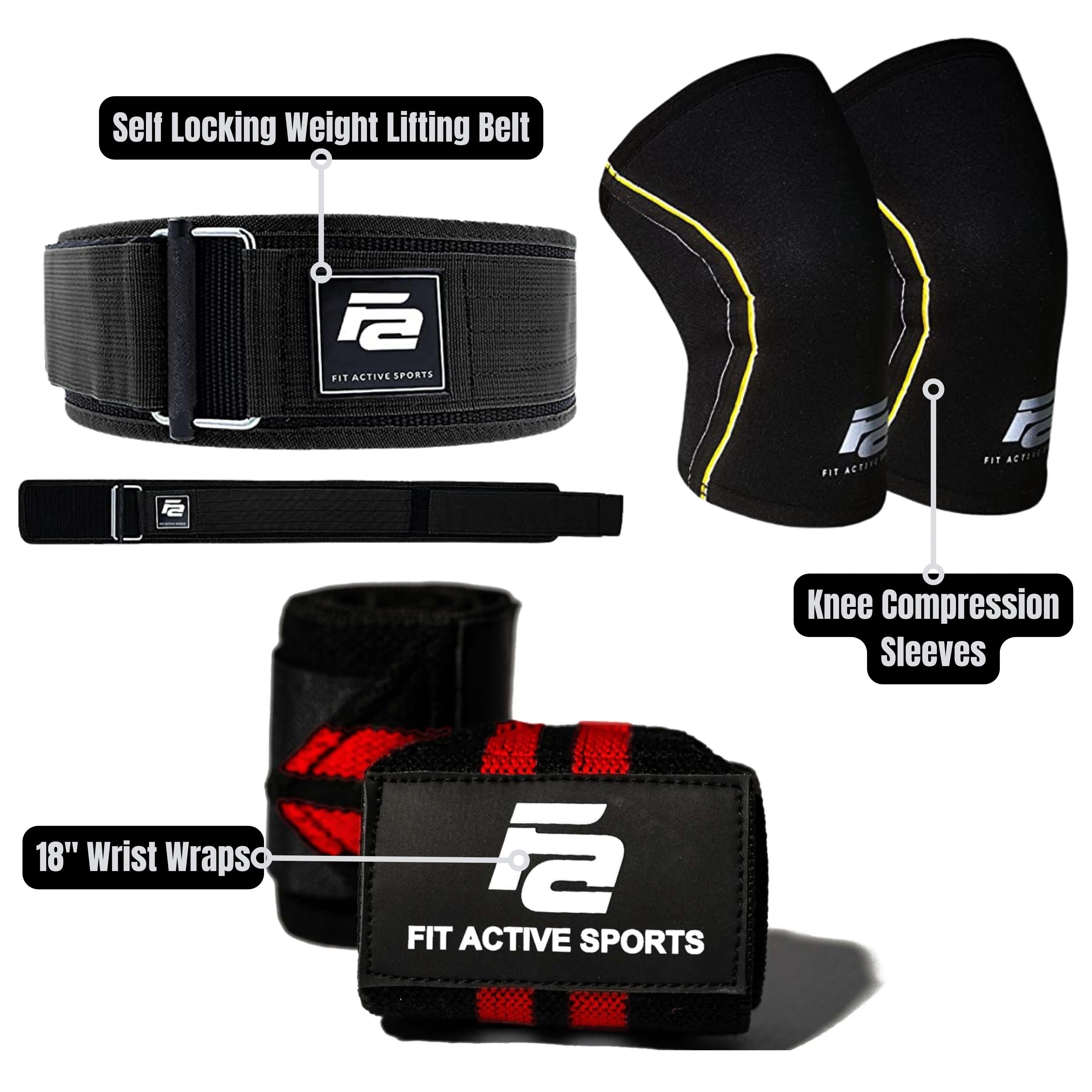 Wrist wraps, self locking belt, Knee Sleeves (Neoprene)