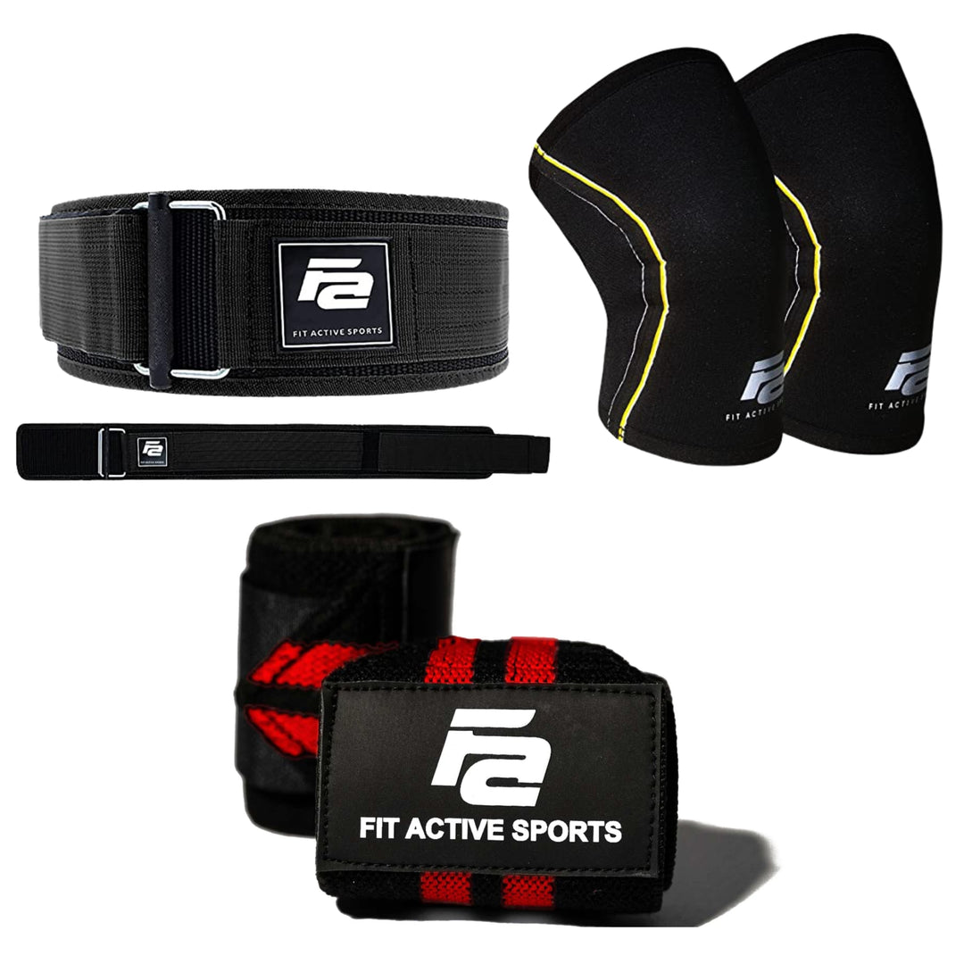 Wrist wraps, self locking belt, Knee Sleeves (Neoprene)